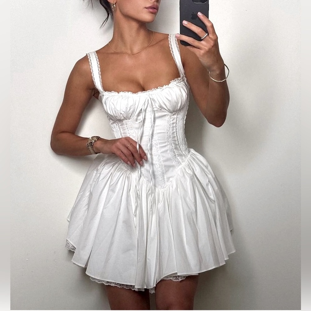 Pintuck Lace‑Trim Babydoll Mini Dress Size L (D‑Cup) – White Coquette Dress